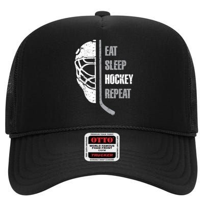 Eat Sleep Hockey Repeat Christmas For Teen Adult Hockey High Crown Mesh Back Trucker Hat