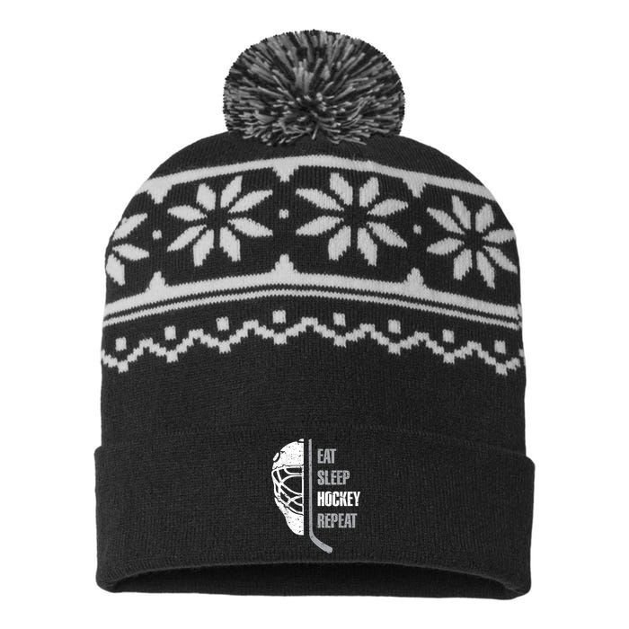 Eat Sleep Hockey Repeat Christmas For Teen Adult Hockey USA-Made Snowflake Beanie