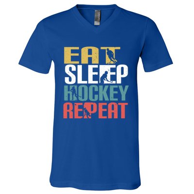 Eat Sleep Hockey Repeafunny Gift Retro Ice Hockey Gift Funny Gift V-Neck T-Shirt