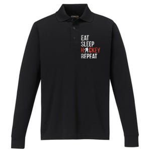 Eat Sleep Hockey Repeat Ice Hockey Gift Performance Long Sleeve Polo