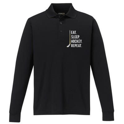 Eat Sleep Hockey Repeat Funny Ice Hockey Performance Long Sleeve Polo