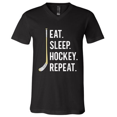 Eat Sleep Hockey Repeat Funny Ice Hockey V-Neck T-Shirt