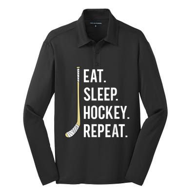 Eat Sleep Hockey Repeat Funny Ice Hockey Silk Touch Performance Long Sleeve Polo