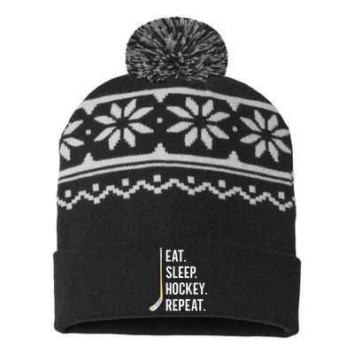 Eat Sleep Hockey Repeat Funny Ice Hockey USA-Made Snowflake Beanie