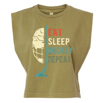 Eat Sleep Hockey Repeat Funny Retro Vintage Garment-Dyed Women's Muscle Tee