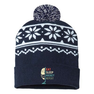 Eat Sleep Hockey Repeat Funny Retro Vintage USA-Made Snowflake Beanie