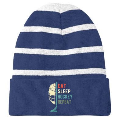 Eat Sleep Hockey Repeat Funny Retro Vintage Striped Beanie with Solid Band