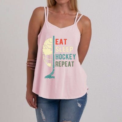 Eat Sleep Hockey Repeat Funny Retro Vintage Women's Strappy Tank