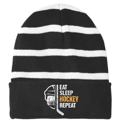 Eat Sleep Hockey Repeat Hockey Funny Ice Hockey Striped Beanie with Solid Band