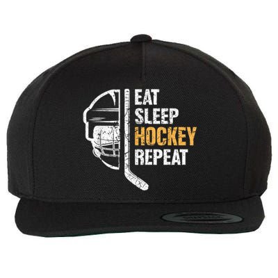 Eat Sleep Hockey Repeat Hockey Funny Ice Hockey Wool Snapback Cap