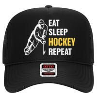 Eat Sleep Hockey Repeat Ice Hockey High Crown Mesh Back Trucker Hat