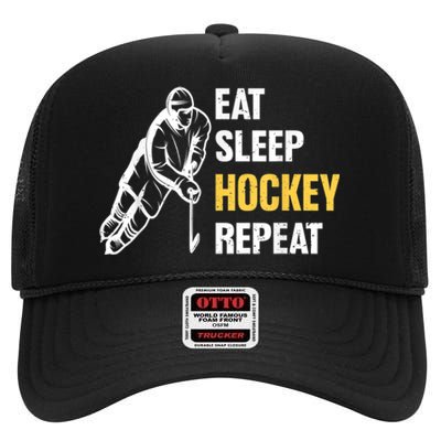 Eat Sleep Hockey Repeat Ice Hockey High Crown Mesh Back Trucker Hat