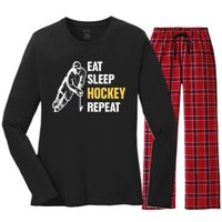 Eat Sleep Hockey Repeat Ice Hockey Women's Long Sleeve Flannel Pajama Set 