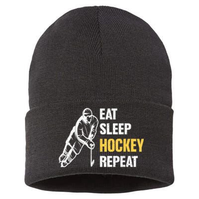 Eat Sleep Hockey Repeat Ice Hockey Sustainable Knit Beanie