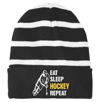 Eat Sleep Hockey Repeat Ice Hockey Striped Beanie with Solid Band