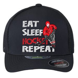 Eat Sleep Hockey Repeat For Boy With Puck And Stick Flexfit Unipanel Trucker Cap