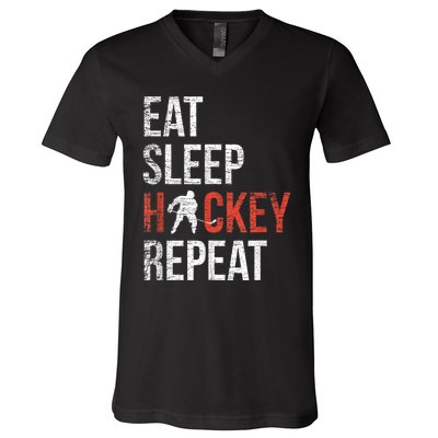 Eat Sleep Hockey Repeat Ice Hockey V-Neck T-Shirt