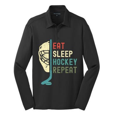 Eat Sleep Hockey Repeat Hockey Retro Ice Hockey Silk Touch Performance Long Sleeve Polo