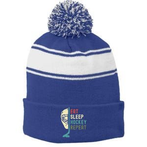 Eat Sleep Hockey Repeat Hockey Retro Ice Hockey Stripe Pom Pom Beanie