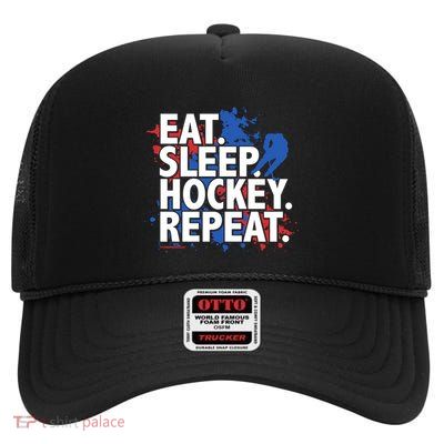 Eat Sleep Hockey Repeat Funny Hockey Player Saying Slogan Gift High Crown Mesh Back Trucker Hat