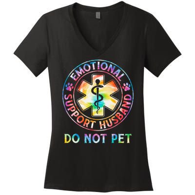 Emotional Support Husband Do Not Pet Tie Dye Funny Marriage Women's V-Neck T-Shirt