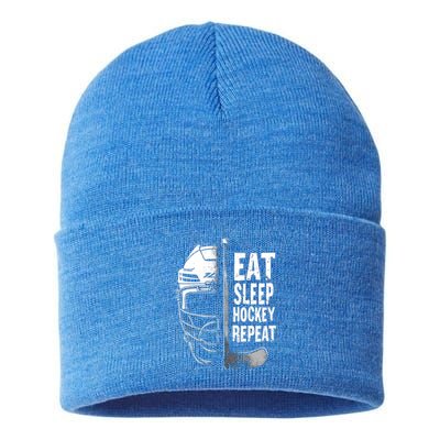 Eat Sleep Hockey Repeat Hockey Enthusiast Gift Sustainable Knit Beanie