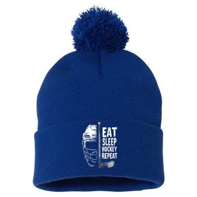 Eat Sleep Hockey Repeat Hockey Enthusiast Gift Pom Pom 12in Knit Beanie