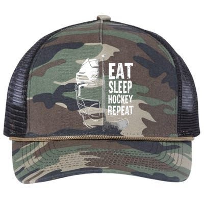 Eat Sleep Hockey Repeat Hockey Enthusiast Gift Retro Rope Trucker Hat Cap