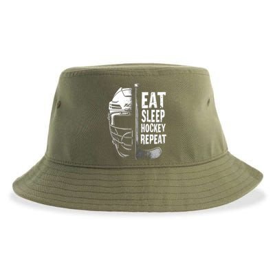 Eat Sleep Hockey Repeat Hockey Enthusiast Gift Sustainable Bucket Hat