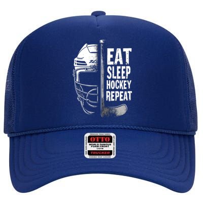 Eat Sleep Hockey Repeat Hockey Enthusiast Gift High Crown Mesh Back Trucker Hat