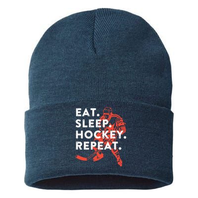 Eat Sleep Hockey Repeat - Gift Sustainable Knit Beanie