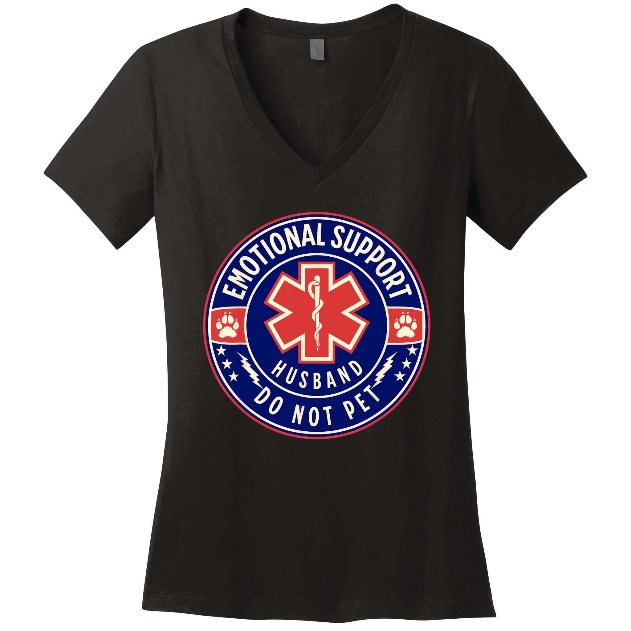 Emotional Support Husband Do Not Pet Service Dog Love Humor Women's V-Neck T-Shirt