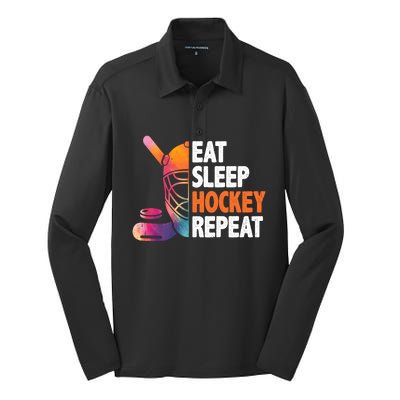 Eat Sleep Hockey Repeat Ice Hockey Player Gear Lover Meaningful Gift Silk Touch Performance Long Sleeve Polo