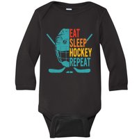 Eat Sleep Hockey Repeat Hockey Funny Ice Hockey Baby Long Sleeve Bodysuit