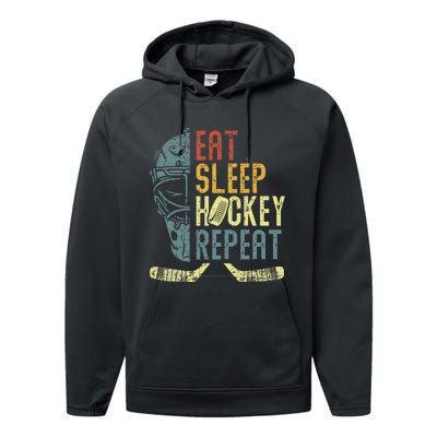 Eat Sleep Hockey Repeat  Ice Hockey Retro Vintage Performance Fleece Hoodie