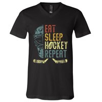 Eat Sleep Hockey Repeat  Ice Hockey Retro Vintage V-Neck T-Shirt