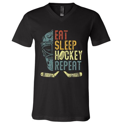 Eat Sleep Hockey Repeat  Ice Hockey Retro Vintage V-Neck T-Shirt