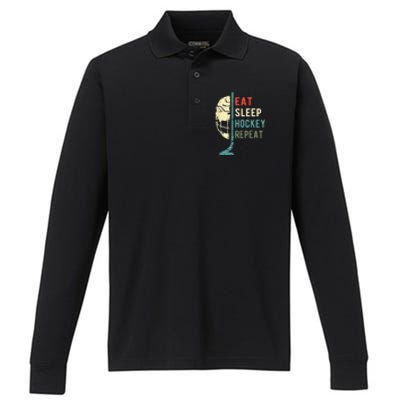 Eat Sleep Hockey Repeat Hockey Funny Ice Hockey Performance Long Sleeve Polo