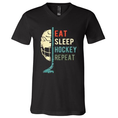 Eat Sleep Hockey Repeat Hockey Funny Ice Hockey V-Neck T-Shirt