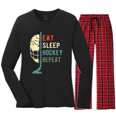 Eat Sleep Hockey Repeat Hockey Funny Ice Hockey Women's Long Sleeve Flannel Pajama Set 