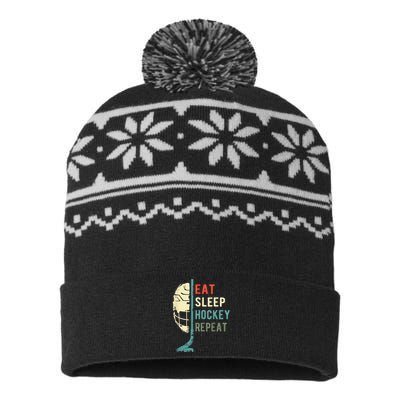 Eat Sleep Hockey Repeat Hockey Funny Ice Hockey USA-Made Snowflake Beanie