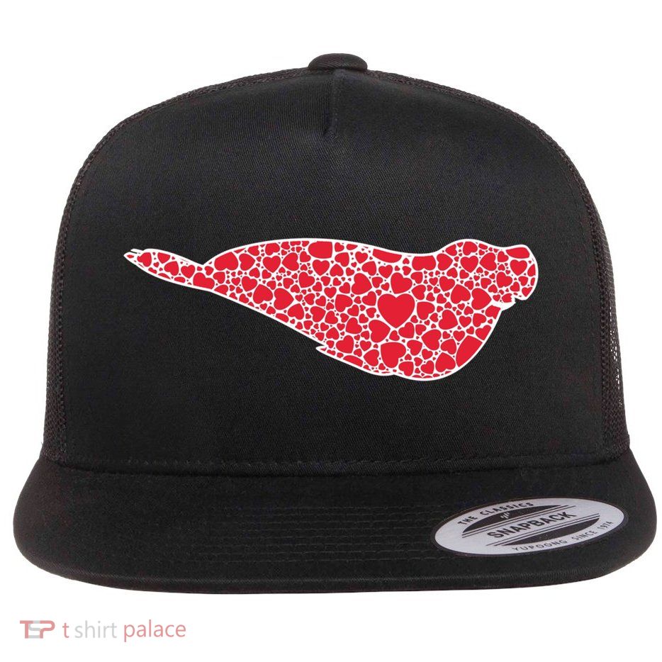 Elephant Seal Hearts Valentine's Day Pup Lover Gift Cute Gift Flat Bill Trucker Hat