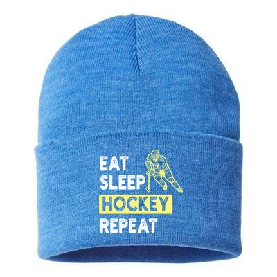 Eat Sleep Hockey Repeat Tee Gift Kids Hockey Lovers Gift Sustainable Knit Beanie