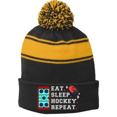 Eat Sleep Hockey Repeat Stripe Pom Pom Beanie