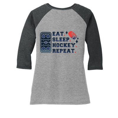 Eat Sleep Hockey Repeat Women's Tri-Blend 3/4-Sleeve Raglan Shirt