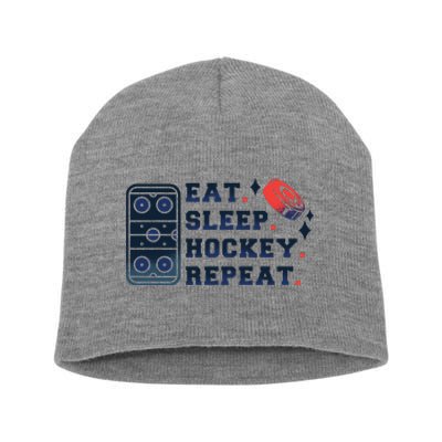 Eat Sleep Hockey Repeat Short Acrylic Beanie