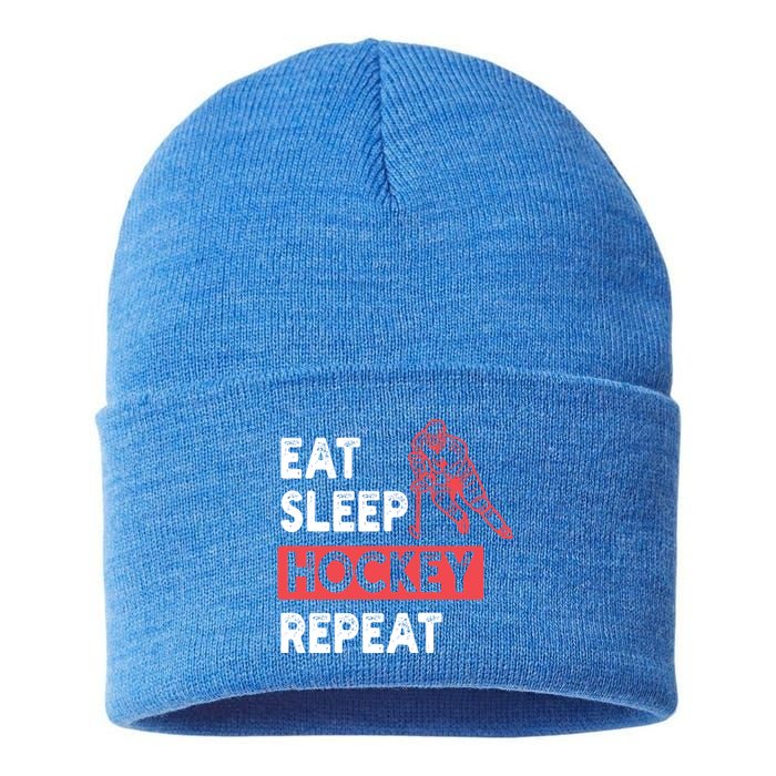 Eat Sleep Hockey Repeat Tees Ice Hockey Lovers Joke Gift Sustainable Knit Beanie