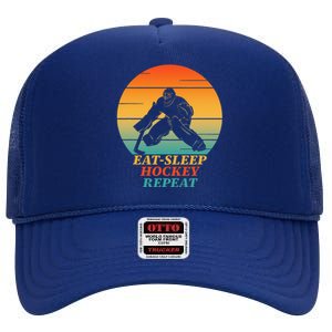 Eat Sleep Hockey Repeat Retro Ice Hockey Player High Crown Mesh Back Trucker Hat