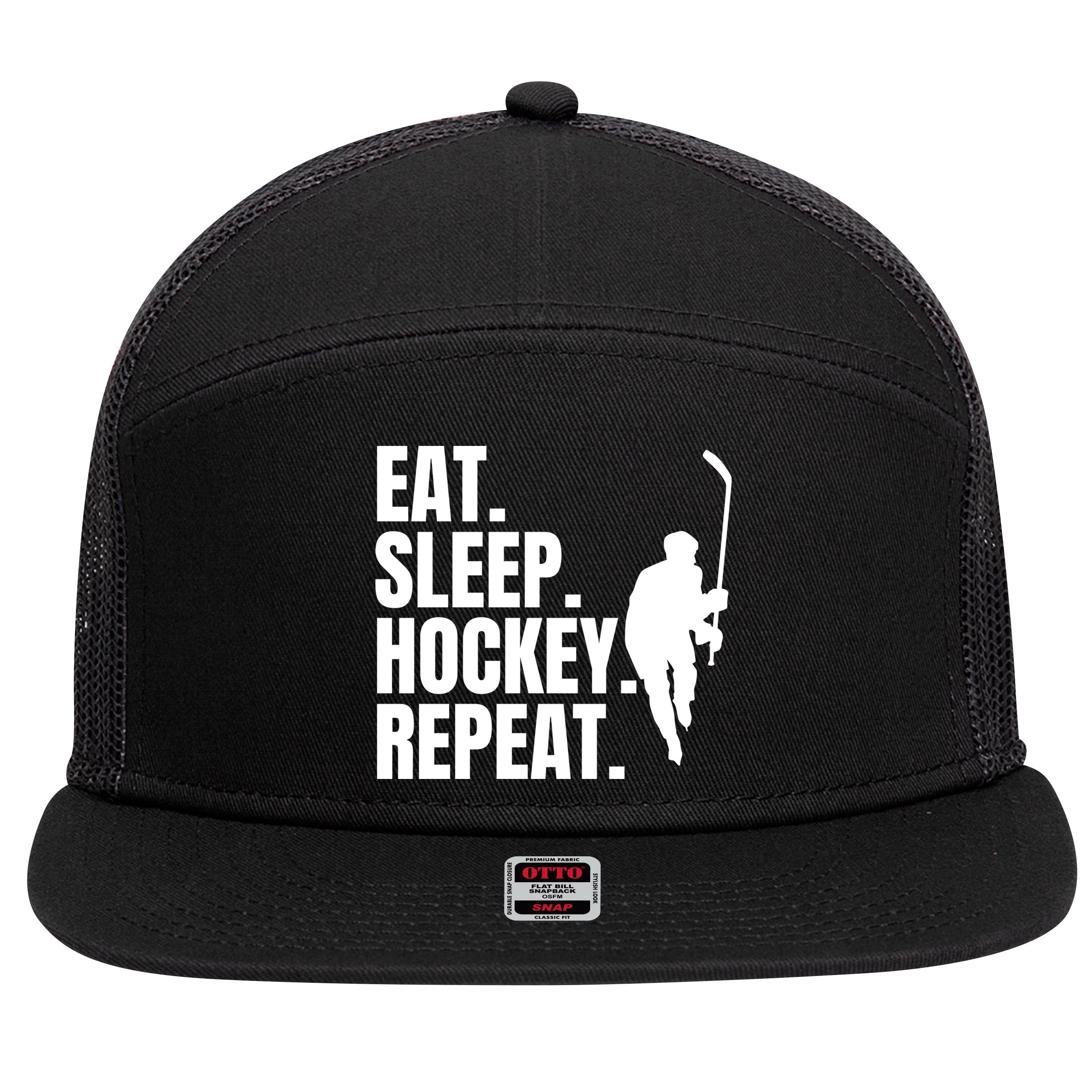 Eat Sleep Hockey Repeat Funny 7 Panel Mesh Trucker Snapback Hat