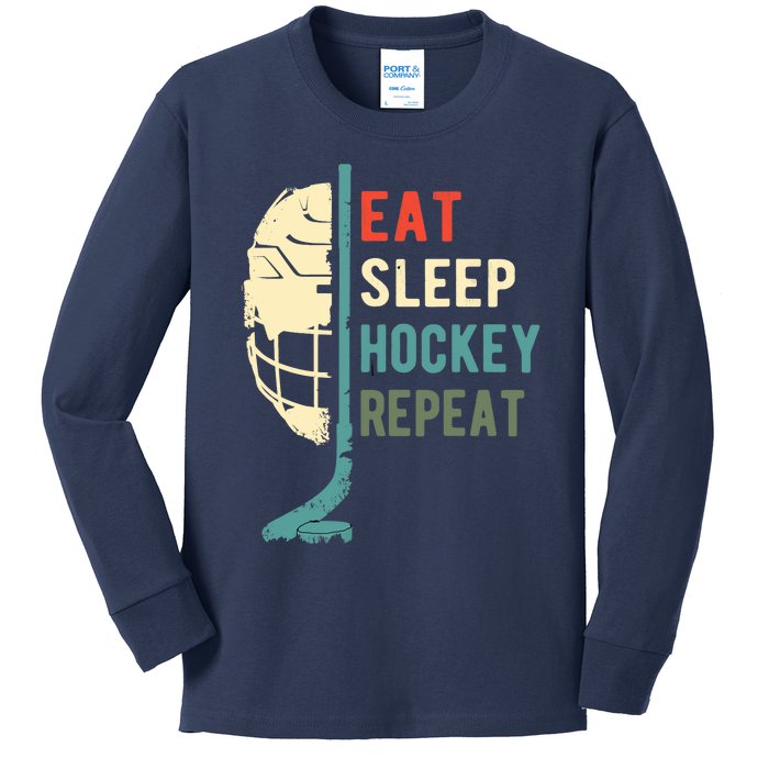 Eat Sleep Hockey Repeat Funny Retro Vintage Kids Long Sleeve Shirt